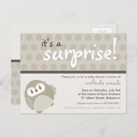 BABY SHOWER UITNODIGING:: surprise uil 6 Uitnodiging Briefkaart (Voorkant / Achterkant)
