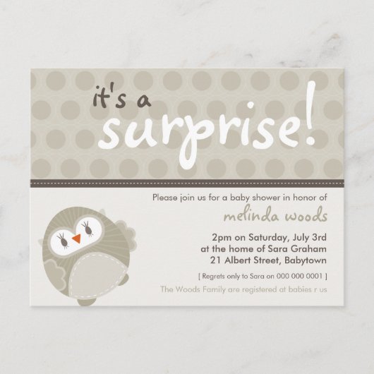 BABY SHOWER UITNODIGING:: surprise uil 6 Uitnodiging Briefkaart (Voorkant)