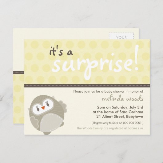 BABY SHOWER UITNODIGING:: surprise uil 8 Uitnodiging Briefkaart (Voorkant / Achterkant)
