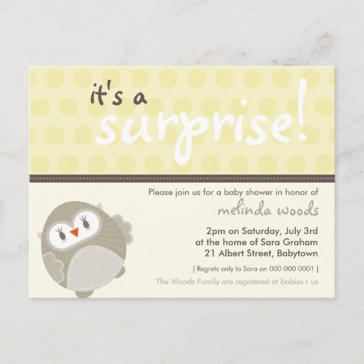 BABY SHOWER UITNODIGING:: surprise uil 8 Uitnodiging Briefkaart (Voorkant)