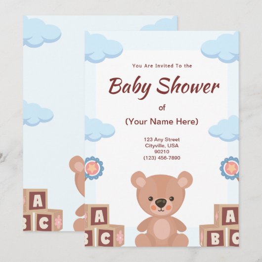 Baby Shower Uitnodiging - Teddybeer (Voorkant / Achterkant)