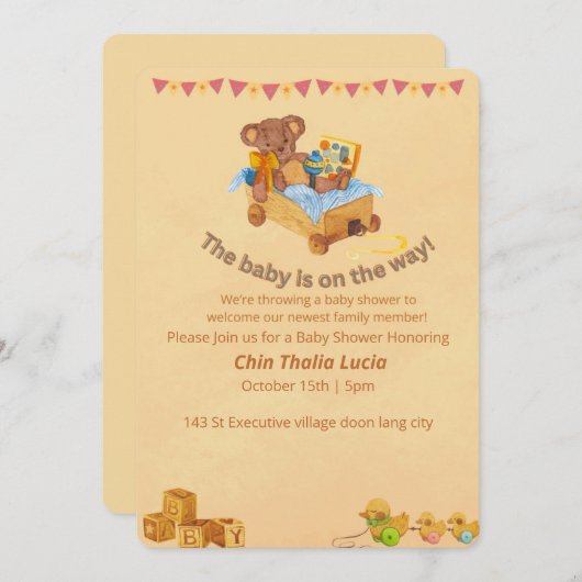 Baby shower Uitnodiging Teddybeer (Voorkant / Achterkant)