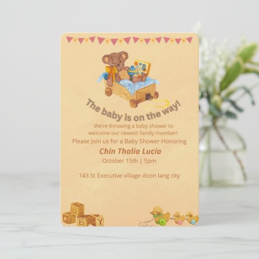 Baby shower Uitnodiging Teddybeer (Staand voorkant)