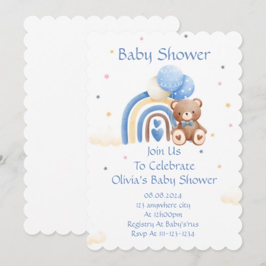 BABY SHOWER UITNODIGING TEDDYBEER (Voorkant / Achterkant)