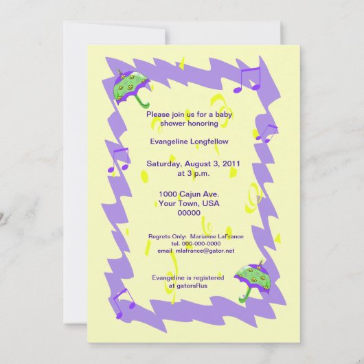 Baby shower uitnodiging tot Cajun Threater de Lys (Achterkant)