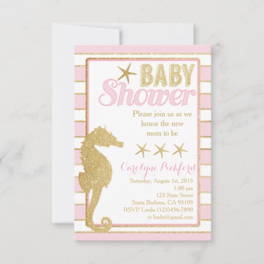 baby shower Uitnodiging tot gouden zeepaardjes (Voorkant)