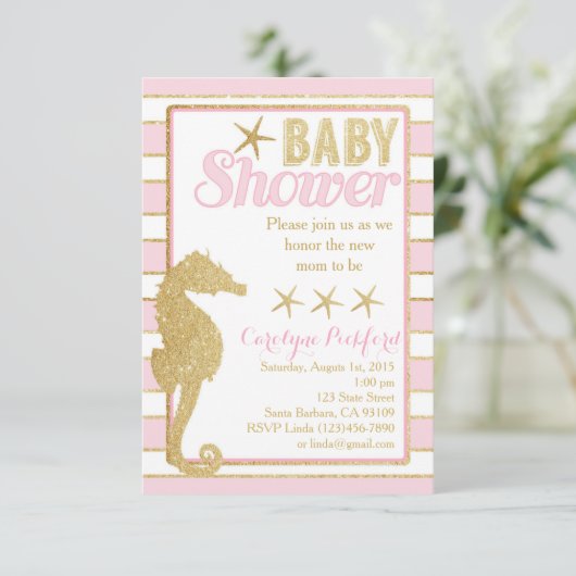 baby shower Uitnodiging tot gouden zeepaardjes (Staand voorkant)