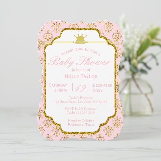 Baby shower uitnodiging tot roze Gold Royal Prince (Staand voorkant)