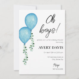 Baby shower Uitnodiging Twin Boys Blue Balloons