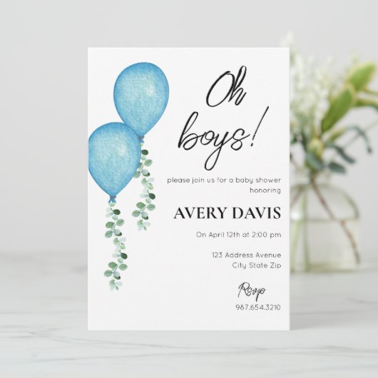 Baby shower Uitnodiging Twin Boys Blue Balloons (Staand voorkant)