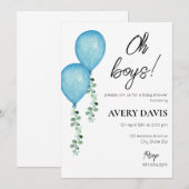 Baby shower Uitnodiging Twin Boys Blue Balloons (Voorkant / Achterkant)