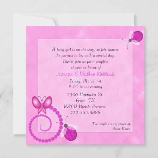 Baby shower uitnodiging van de roze bugs-paar (Voorkant)