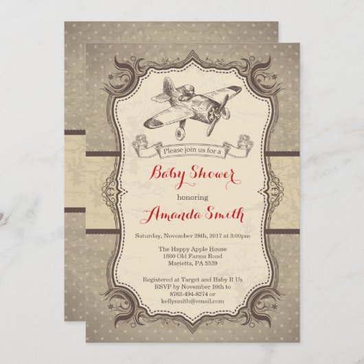 Baby shower Uitnodiging van het Vliegtuig Retro (Voorkant / Achterkant)