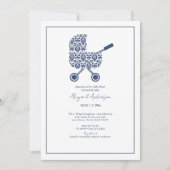 Baby shower uitnodiging van Navy Damask Pram (Voorkant)