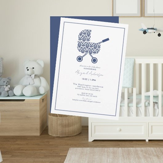 Baby shower uitnodiging van Navy Damask Pram