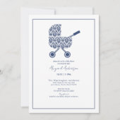 Baby shower uitnodiging van Navy Damask Pram (Voorkant)