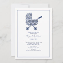 Baby shower uitnodiging van Navy Damask Pram