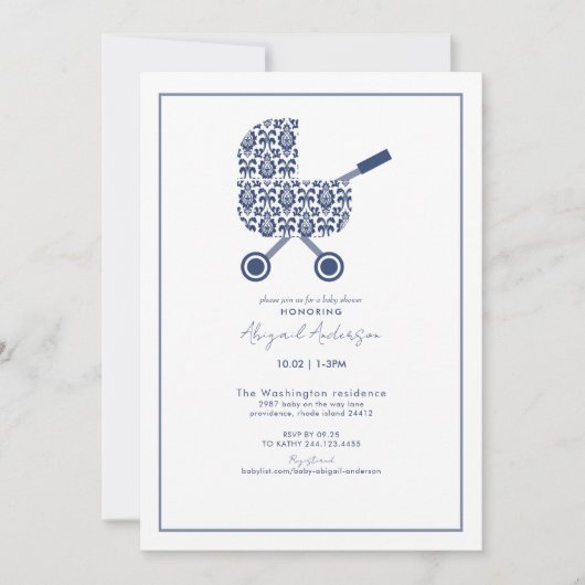 Baby shower uitnodiging van Navy Damask Pram (Voorkant)
