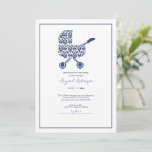 Baby shower uitnodiging van Navy Damask Pram (Staand voorkant)