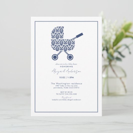 Baby shower uitnodiging van Navy Damask Pram (Staand voorkant)
