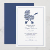 Baby shower uitnodiging van Navy Damask Pram (Voorkant / Achterkant)