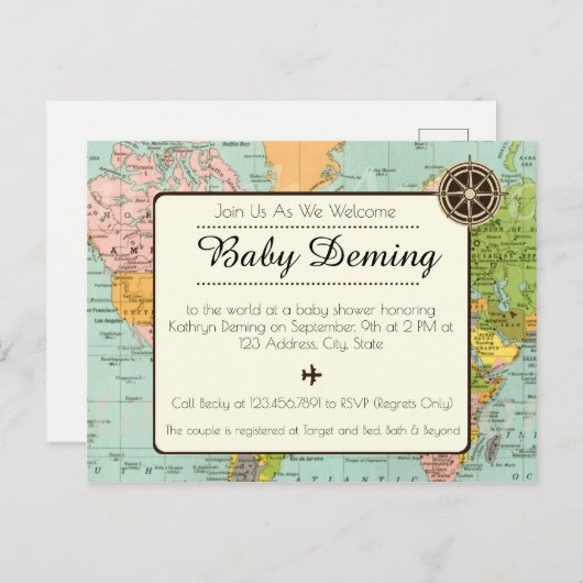 Baby shower Uitnodiging - veelkleurige Wereldkaart (Voorkant / Achterkant)