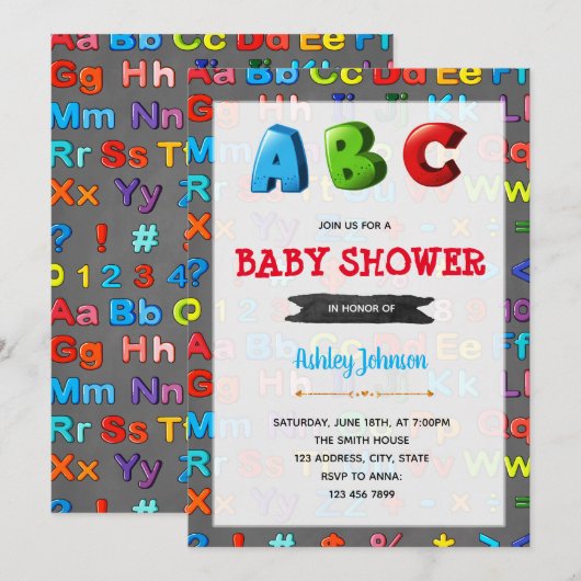 Baby shower-uitnodiging voor alfabeten kaart (Voorkant / Achterkant)