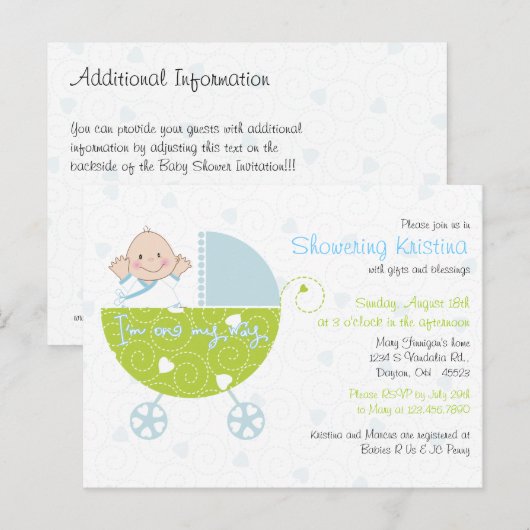 Baby shower Uitnodiging voor Baby Boy Blue Carriag (Voorkant / Achterkant)