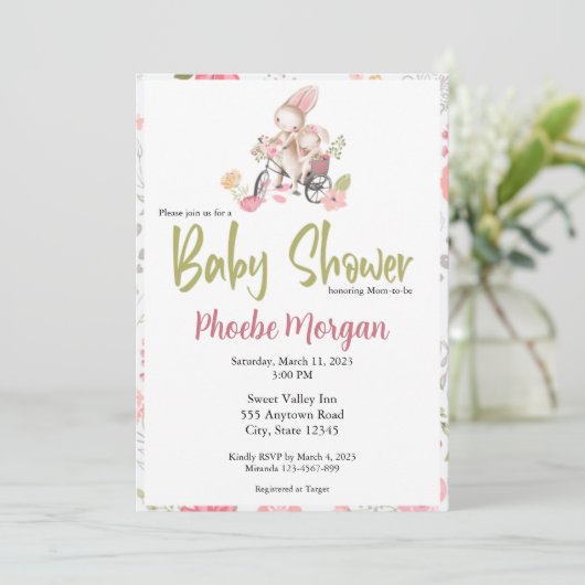 Baby shower-uitnodiging voor baby's, Bunny Kaart (Staand voorkant)