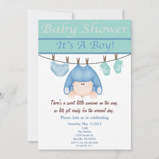 Baby shower-uitnodiging voor blauwe en groene jong kaart (Voorkant)
