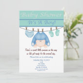 Baby shower-uitnodiging voor blauwe en groene jong kaart (Staand voorkant)