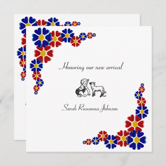 Baby shower-uitnodiging voor blauwe en rode retro kaart (Voorkant / Achterkant)