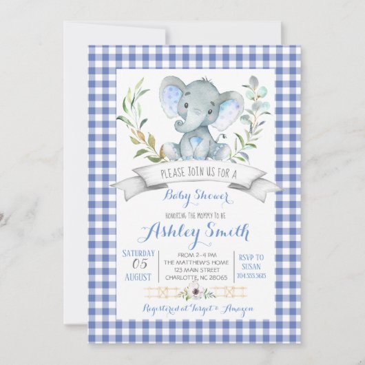 Baby shower-uitnodiging voor de olifant van Gingha Kaart (Voorkant)