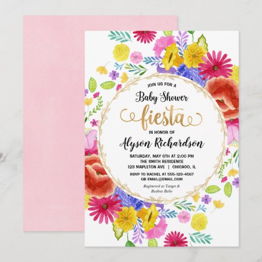 Baby shower-uitnodiging voor Fiesta, florale water Kaart (Voorkant / Achterkant)