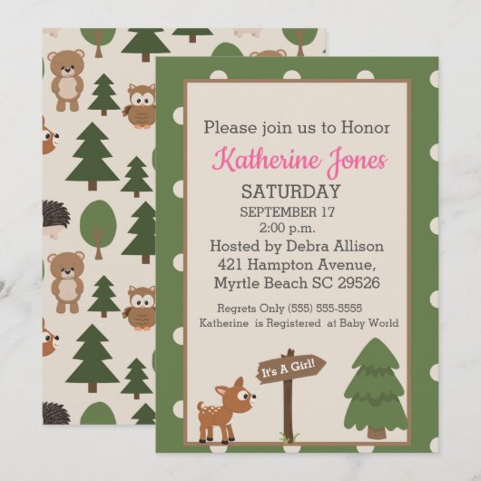 Baby shower Uitnodiging voor forrest Deer Girls (Voorkant / Achterkant)