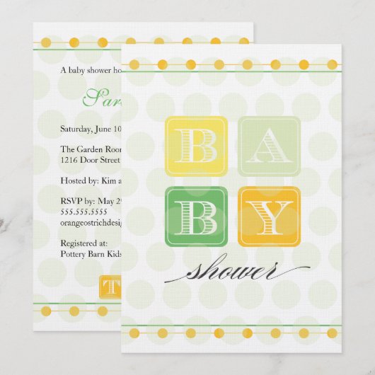 Baby shower uitnodiging voor groene en gele blokke (Voorkant / Achterkant)