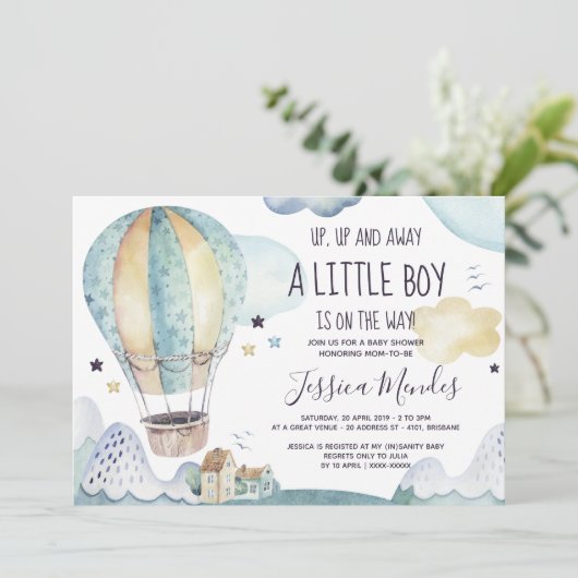 Baby shower-uitnodiging voor hot-luchtballon kaart (Staand voorkant)