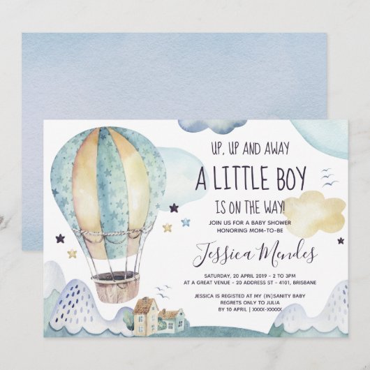Baby shower-uitnodiging voor hot-luchtballon kaart (Voorkant / Achterkant)