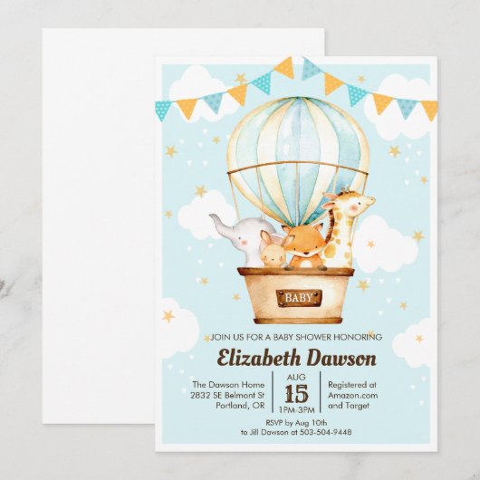 Baby shower-uitnodiging voor hot-luchtballon kaart (Voorkant / Achterkant)