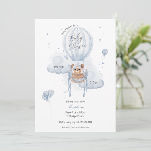 Baby shower-uitnodiging voor hot-luchtballon kaart (Staand voorkant)