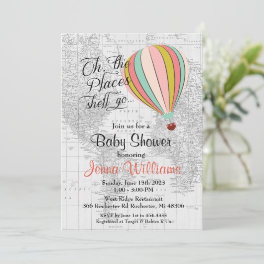 Baby shower-uitnodiging voor hot-luchtballon kaart (Staand voorkant)