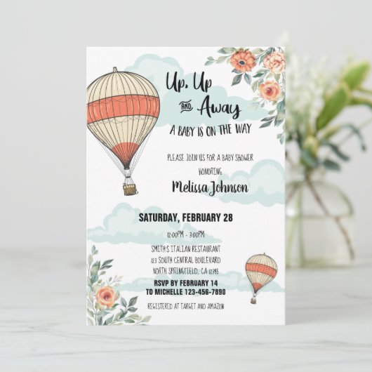 Baby shower-uitnodiging voor hot-luchtballon kaart (Staand voorkant)