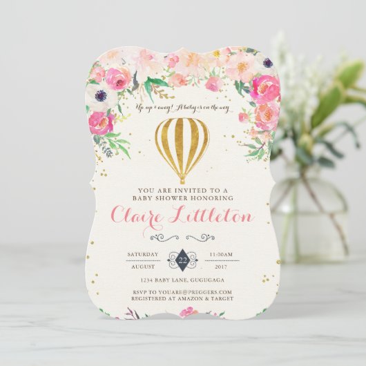 Baby shower-uitnodiging voor hot-luchtballon kaart (Staand voorkant)