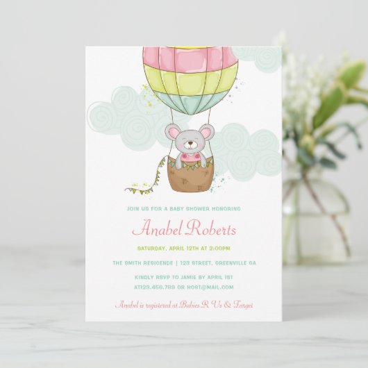 Baby shower-uitnodiging voor hot-luchtballon kaart (Staand voorkant)