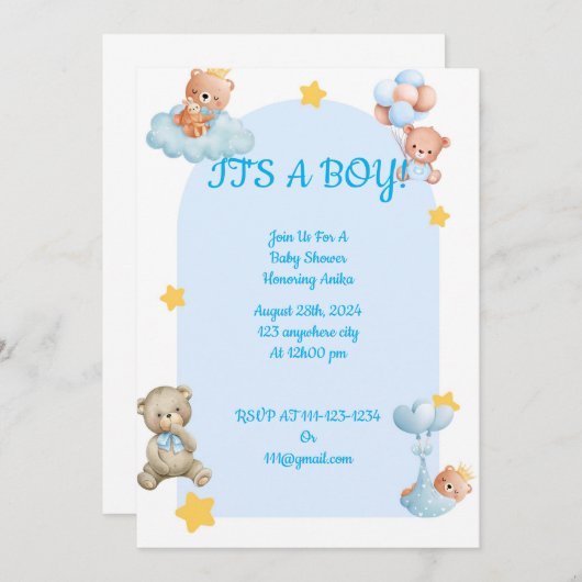 BABY SHOWER UITNODIGING voor jongens (Voorkant / Achterkant)