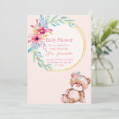 Baby shower uitnodiging voor meisje met klein beer (Staand voorkant)