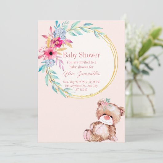 Baby shower uitnodiging voor meisje met klein beer (Staand voorkant)
