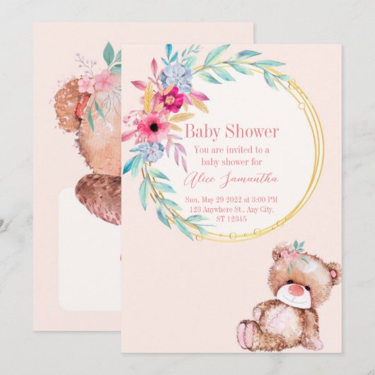 Baby shower uitnodiging voor meisje met klein beer (Voorkant / Achterkant)