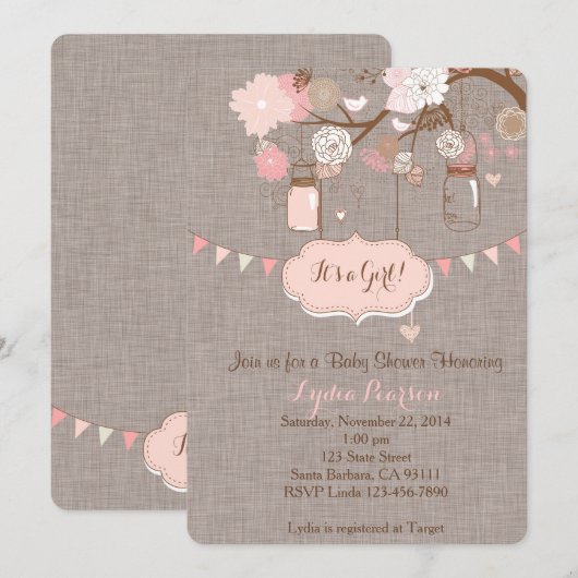 baby shower uitnodiging voor meisje met maden Jar (Voorkant / Achterkant)