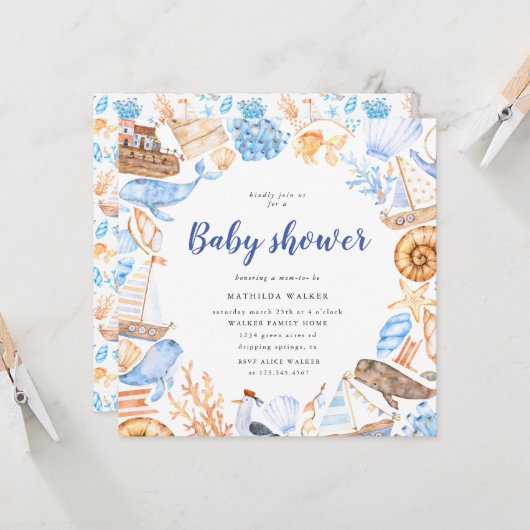 baby shower - uitnodiging voor nautische strandill (Voorkant / Achterkant in situ)